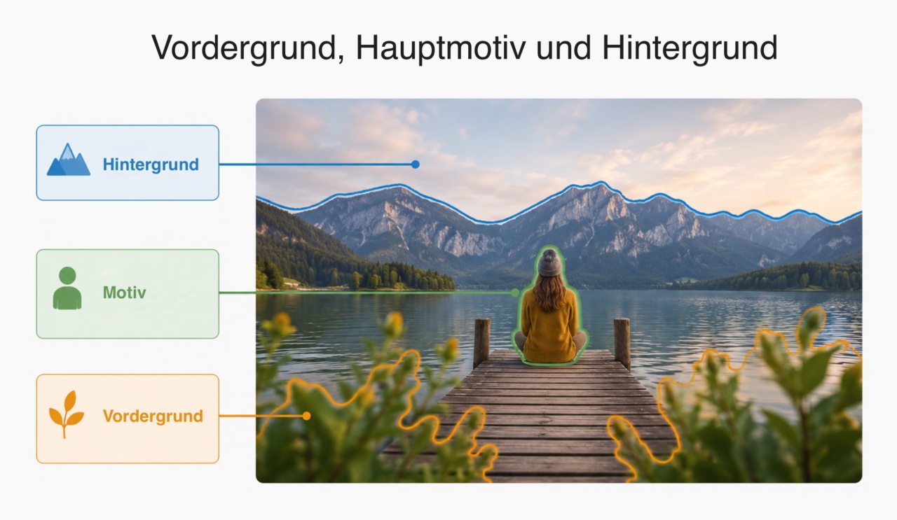 Schaubild Vordergrund und Hintergrund - Berge - eine Person und Pflanzen